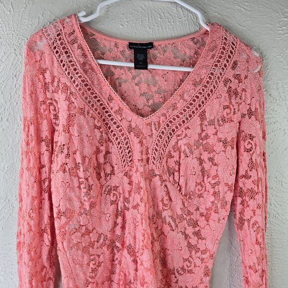 Moda Floral Lace Blouse Medium Pink Sheer Bell Sleeve Dressy Fairy Coquette Top - Picture 4 of 12
